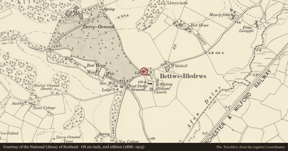 Ordnance Survey six-inch map, 2nd edition (1888–1913) covering the location of Lodge, Llangybi, Ceredigion, with a pin at the register's coordinates