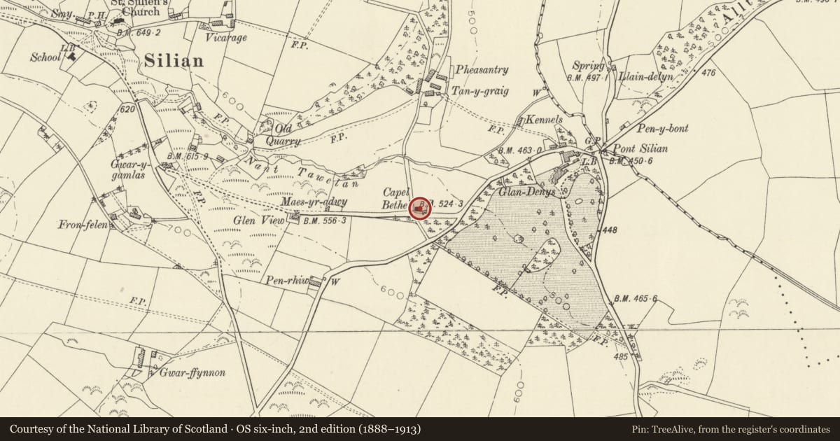 Ordnance Survey six-inch map, 2nd edition (1888–1913) covering the location of Bethel Baptist Chapel, Llangybi, Ceredigion, with a pin at the register's coordinates