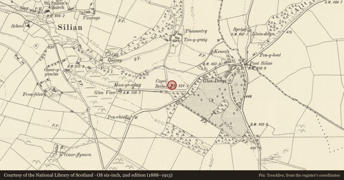 Ordnance Survey six-inch map, 2nd edition (1888–1913) covering the location of Railings surrounding tomb of J. Evans, Tanygraig at Capel Bethel, Llangybi, Ceredigion, with a pin at the register's coordinates