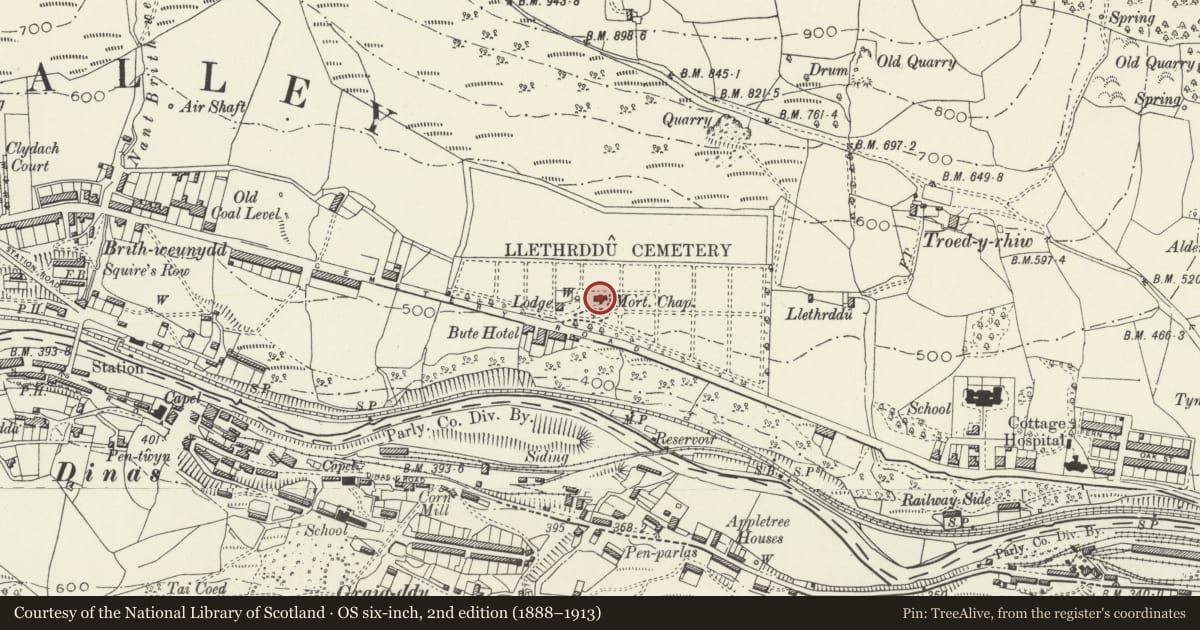 Ordnance Survey six-inch map, 2nd edition (1888–1913) covering the location of Trealaw Cemetery Chapel, Rhondda Cynon Taff, with a pin at the register's coordinates
