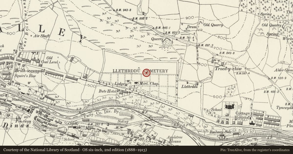 Ordnance Survey six-inch map, 2nd edition (1888–1913) covering the location of Monument to William Evans, Trealaw, Rhondda Cynon Taff, with a pin at the register's coordinates