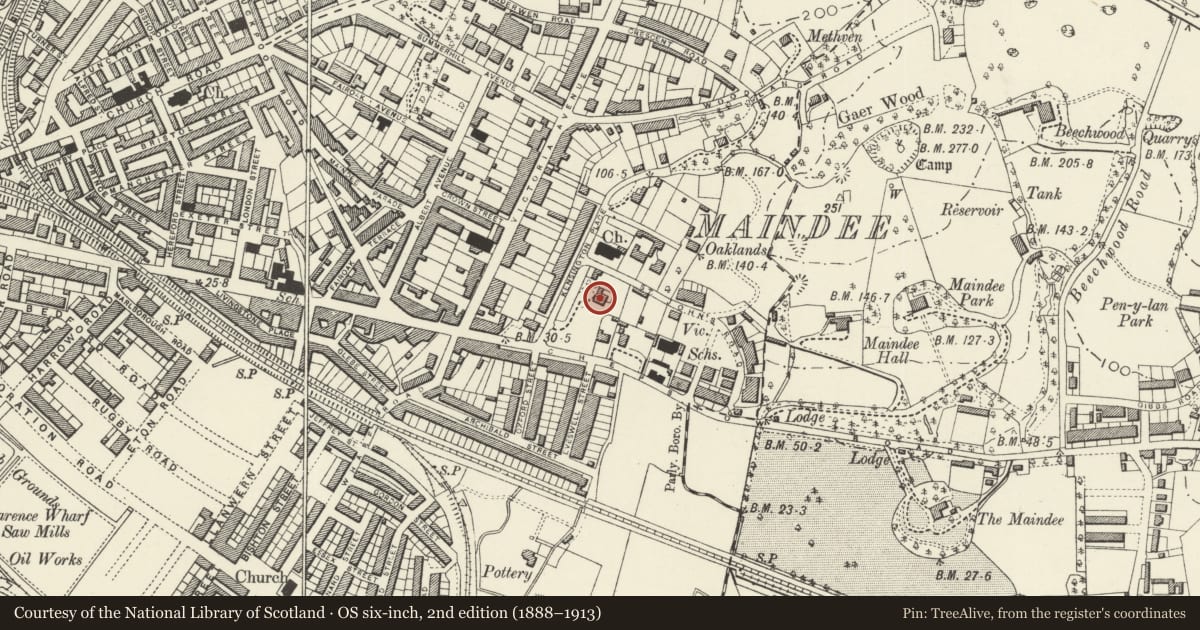 Ordnance Survey six-inch map, 2nd edition (1888–1913) covering the location of The Lawns, Beechwood, Newport, with a pin at the register's coordinates
