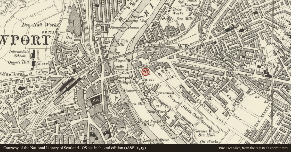 Ordnance Survey six-inch map, 2nd edition (1888–1913) covering the location of Newport Technical Institute, Victoria, Newport, with a pin at the register's coordinates