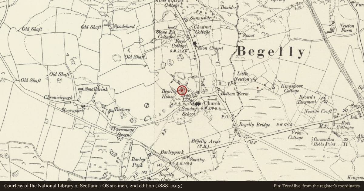 Ordnance Survey six-inch map, 2nd edition (1888–1913) covering the location of Begelly House, Kilgetty/Begelly, Pembrokeshire, with a pin at the register's coordinates