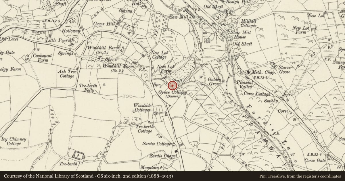 Ordnance Survey six-inch map, 2nd edition (1888–1913) covering the location of Grove Colliery Cornish Beam Engine House, Kilgetty/Begelly, Pembrokeshire, with a pin at the register's coordinates