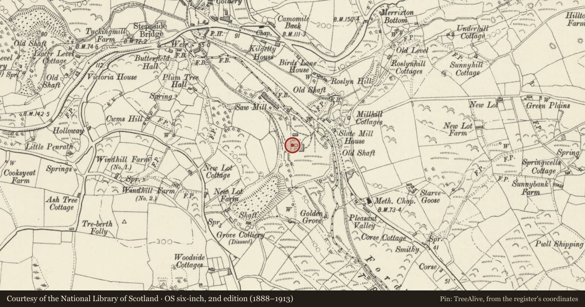 Ordnance Survey six-inch map, 2nd edition (1888–1913) covering the location of Furnace Bank Revetment Wall, Kilgetty/Begelly, Pembrokeshire, with a pin at the register's coordinates