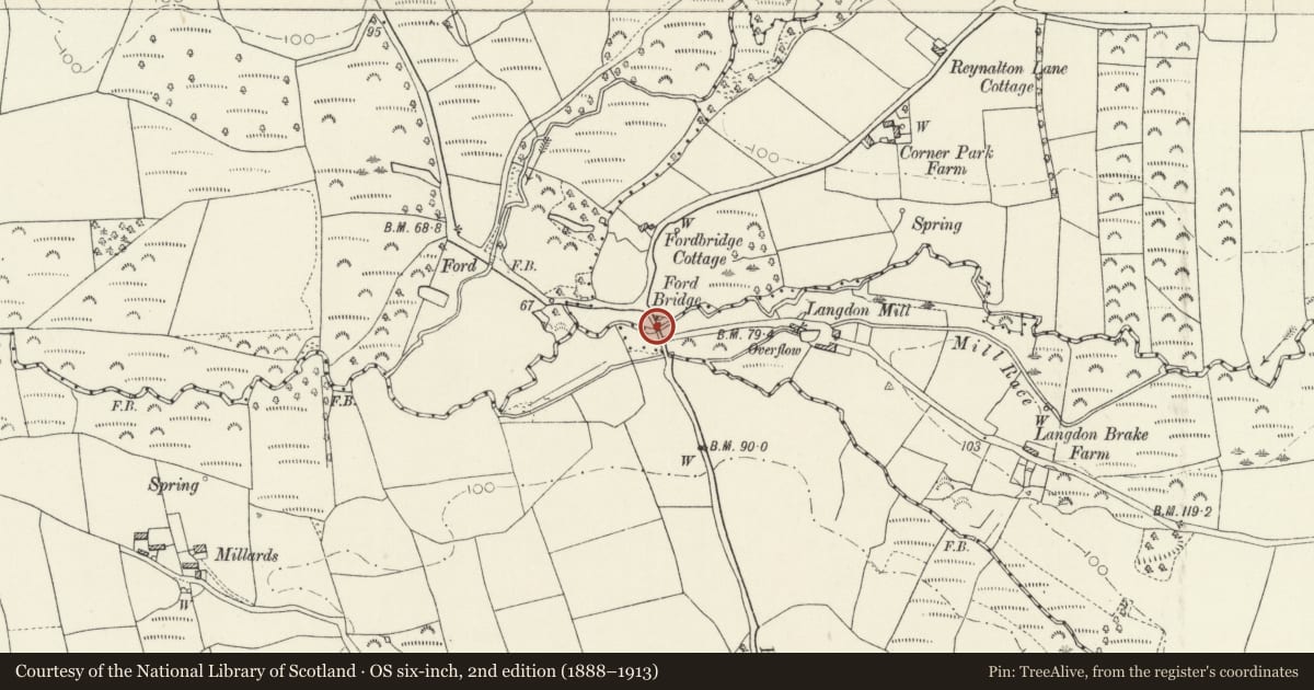 Ordnance Survey six-inch map, 2nd edition (1888–1913) covering the location of Ford Bridge, Kilgetty/Begelly, Pembrokeshire, with a pin at the register's coordinates