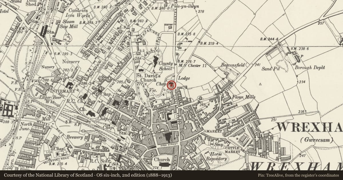 Ordnance Survey six-inch map, 2nd edition (1888–1913) covering the location of 29 Chester Street, Rhosddu, Wrexham, with a pin at the register's coordinates