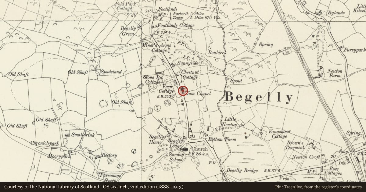 Ordnance Survey six-inch map, 2nd edition (1888–1913) covering the location of Zion C. M. Chapel, Schoolroom and House, with Railings and Gate, Kilgetty/Begelly, Pembrokeshire, with a pin at the register's coordinates