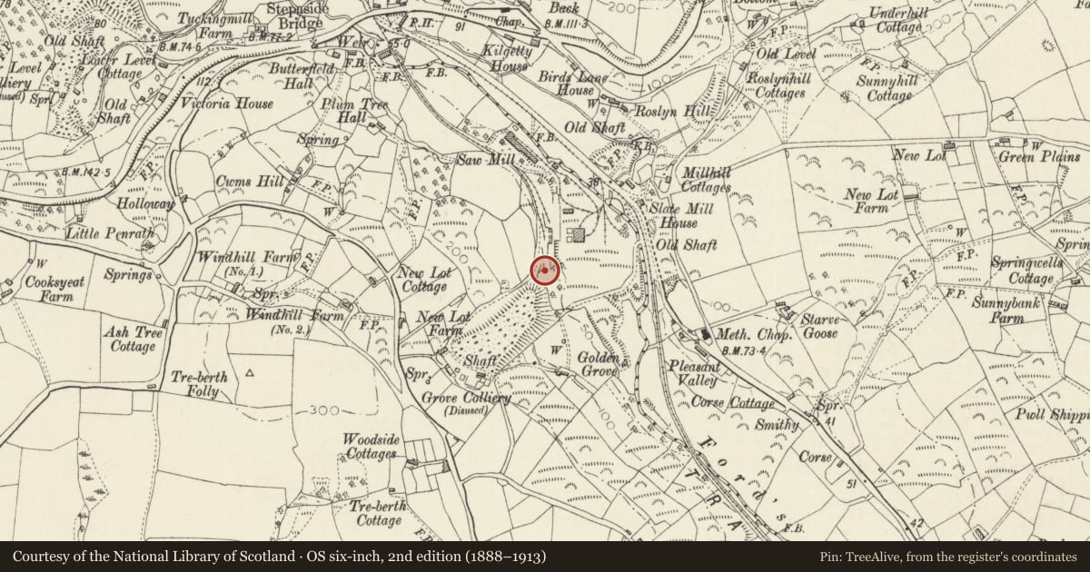 Ordnance Survey six-inch map, 2nd edition (1888–1913) covering the location of Tramway Incline Structure above Kilgetty Ironworks Furnace bank, Kilgetty/Begelly, Pembrokeshire, with a pin at the register's coordinates