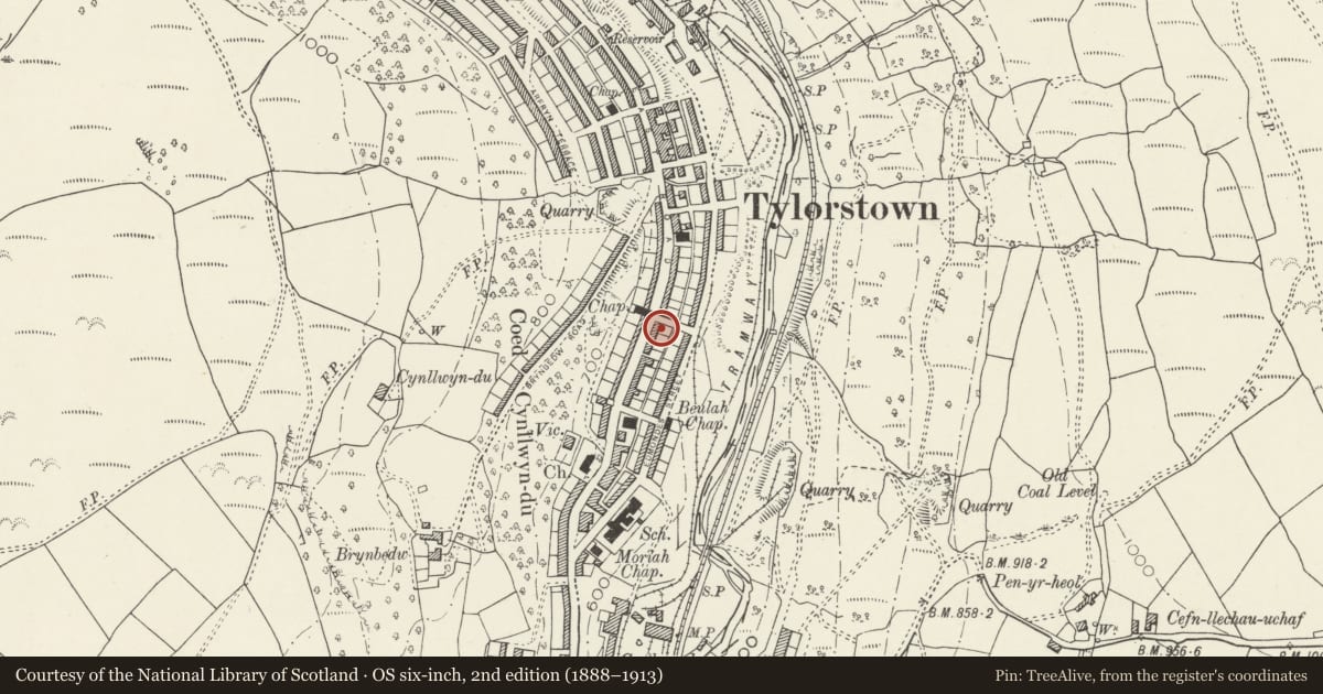 Ordnance Survey six-inch map, 2nd edition (1888–1913) covering the location of Welfare Hall, Tylorstown, Rhondda Cynon Taff, with a pin at the register's coordinates