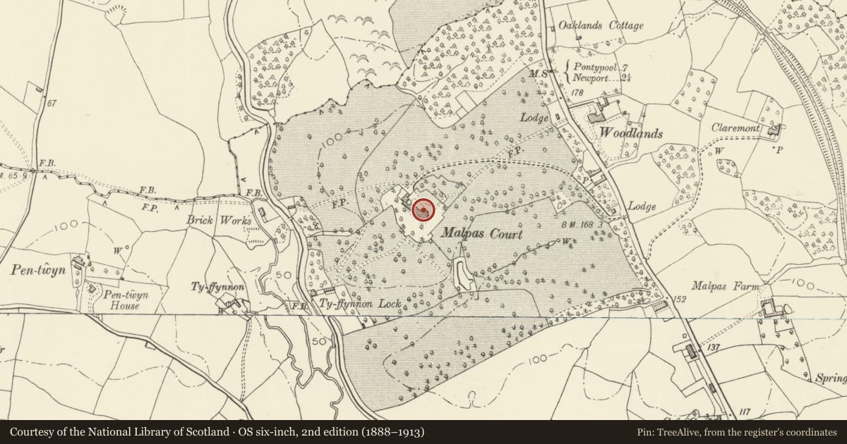 Ordnance Survey six-inch map, 2nd edition (1888–1913) covering the location of Malpas Court, Newport, with a pin at the register's coordinates