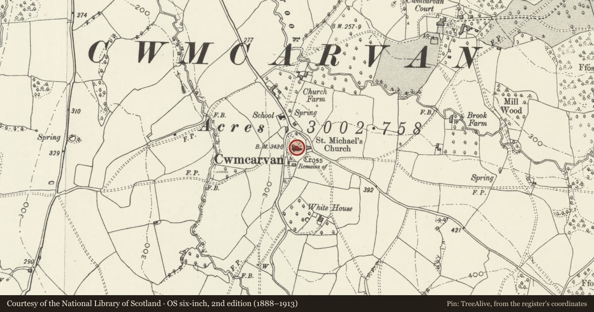 Ordnance Survey six-inch map, 2nd edition (1888–1913) covering the location of Church of St Catwg, Mitchel Troy, Monmouthshire, with a pin at the register's coordinates