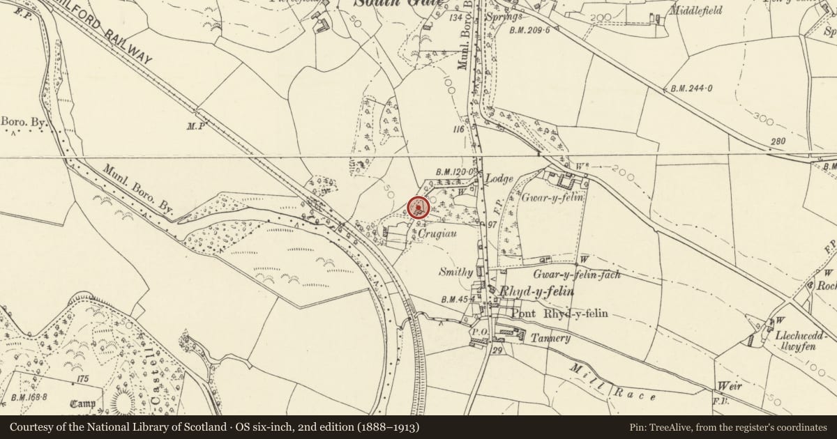 Ordnance Survey six-inch map, 2nd edition (1888–1913) covering the location of Crugiau, Llanfarian, Ceredigion, with a pin at the register's coordinates