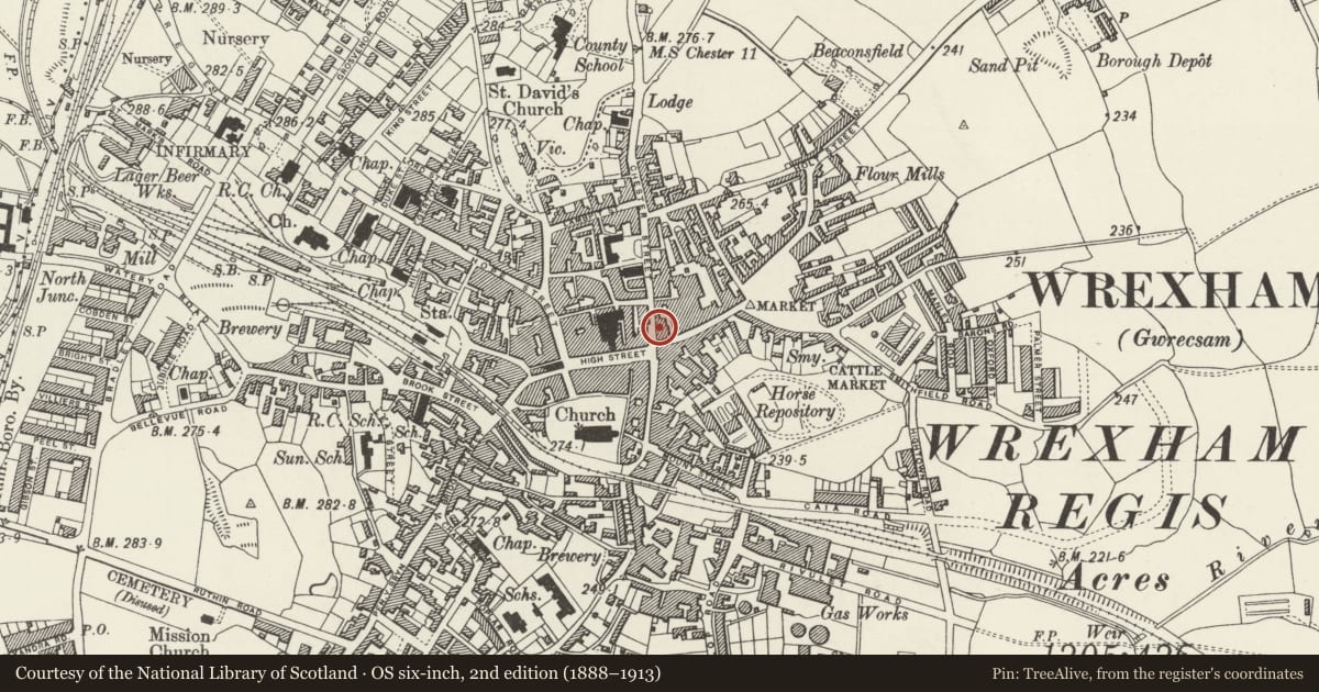 Ordnance Survey six-inch map, 2nd edition (1888–1913) covering the location of The Feathers Public House, Caia Park, Wrexham, with a pin at the register's coordinates