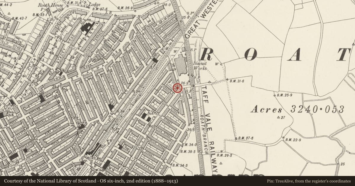 Ordnance Survey six-inch map, 2nd edition (1888–1913) covering the location of Moorlands Hotel, Splott, Cardiff, with a pin at the register's coordinates