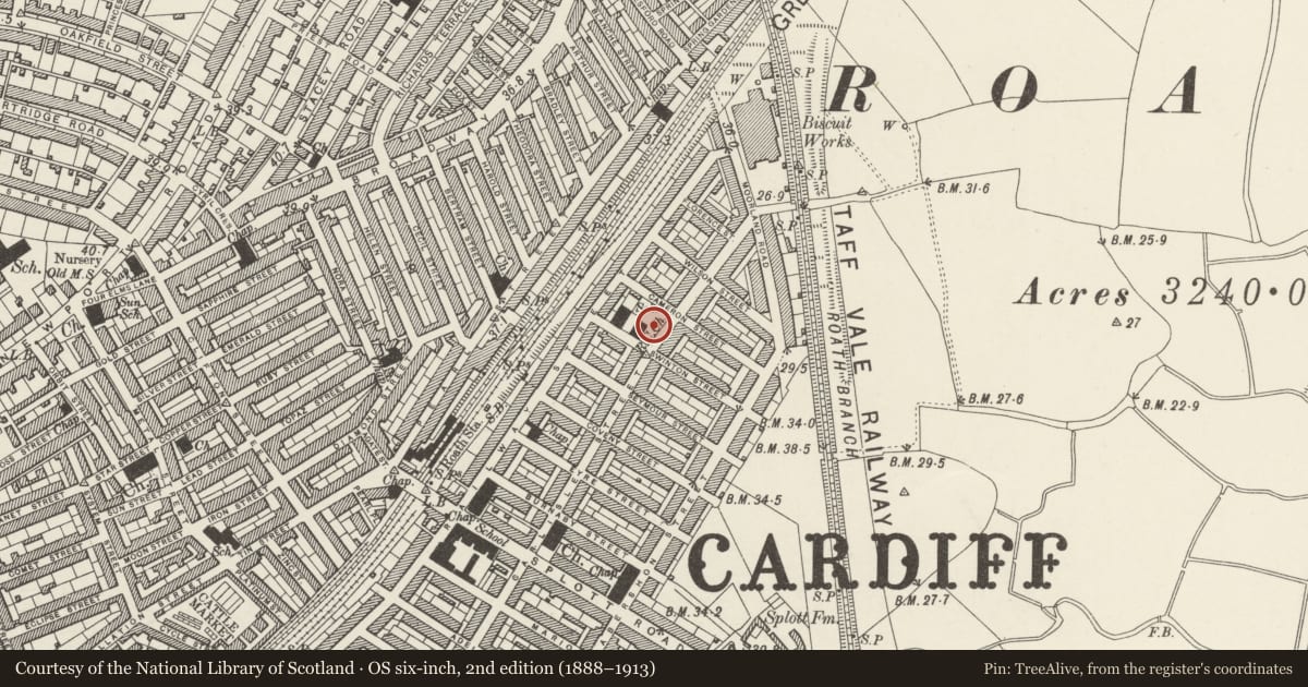 Ordnance Survey six-inch map, 2nd edition (1888–1913) covering the location of Church of St Alban's On the Moors, Splott, Cardiff, with a pin at the register's coordinates