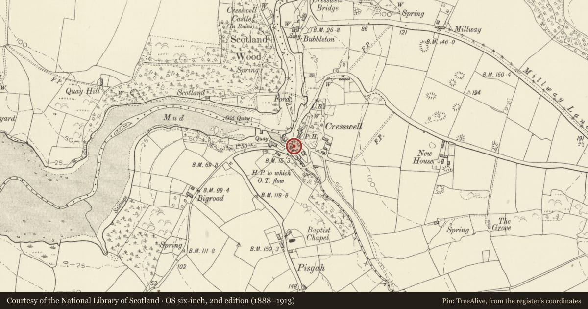 Ordnance Survey six-inch map, 2nd edition (1888–1913) covering the location of Cresswell Quay Bridge, Jeffreyston, Pembrokeshire, with a pin at the register's coordinates