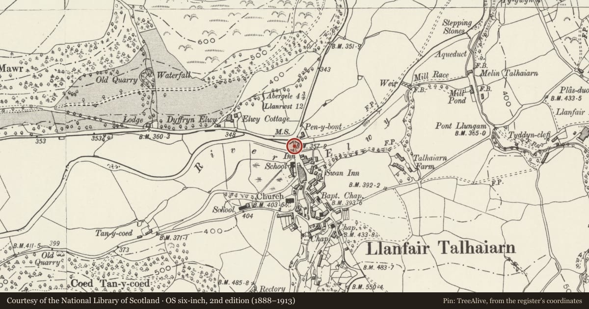 Ordnance Survey six-inch map, 2nd edition (1888–1913) covering the location of Llanfair Bridge, Llanfair Talhaiarn, Conwy, with a pin at the register's coordinates