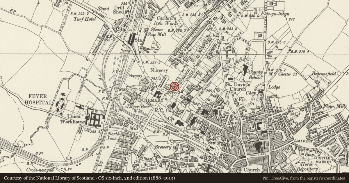 Ordnance Survey six-inch map, 2nd edition (1888–1913) covering the location of 1 Grosvenor Road, Rhosddu, Wrexham, with a pin at the register's coordinates