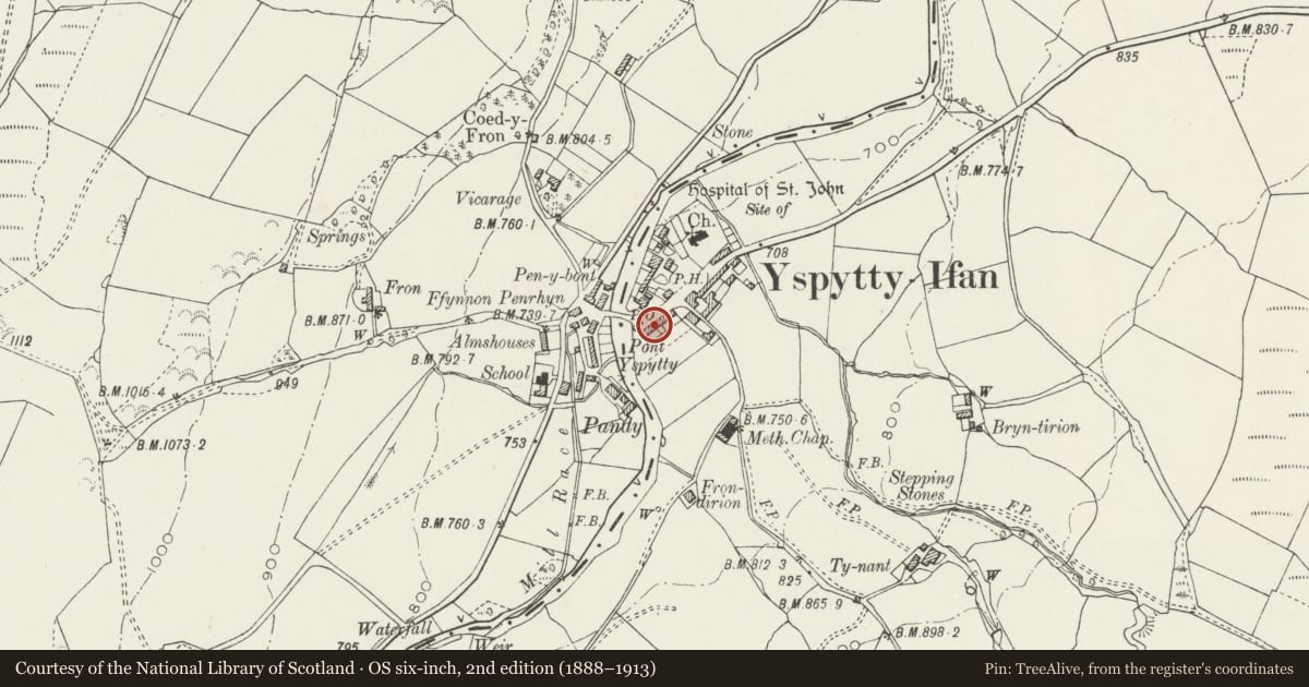 Ordnance Survey six-inch map, 2nd edition (1888–1913) covering the location of Bryn Conwy, Ysbyty Ifan, Conwy, with a pin at the register's coordinates