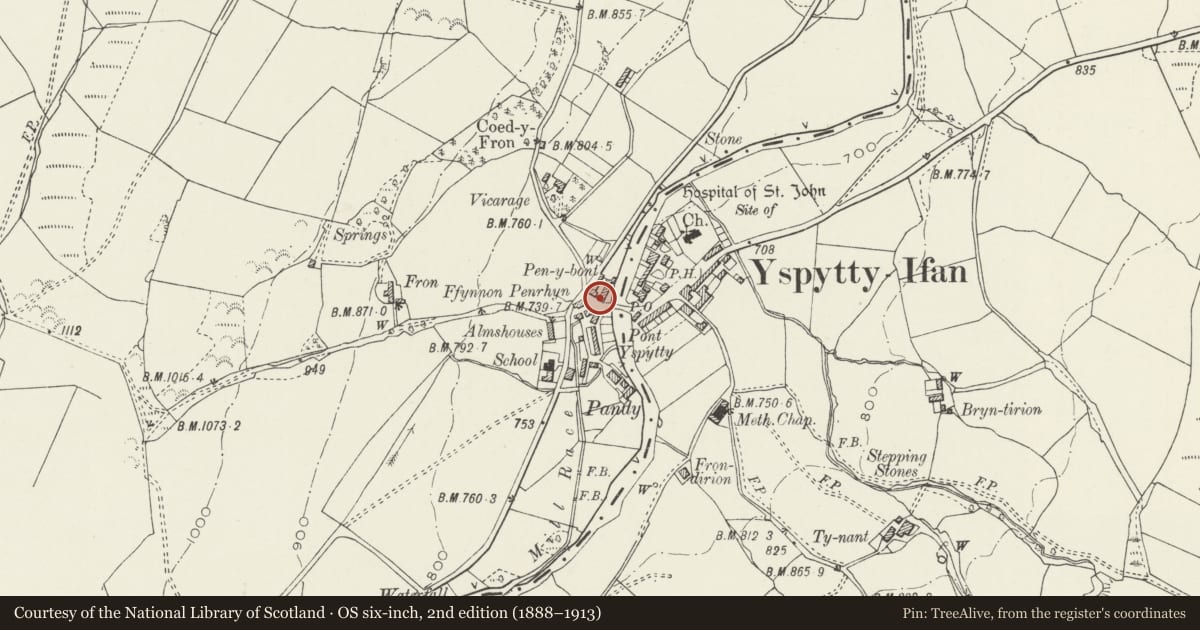 Ordnance Survey six-inch map, 2nd edition (1888–1913) covering the location of Pen-y-Bont (formerly Penrhyn Arms Inn), Ysbyty Ifan, Conwy, with a pin at the register's coordinates