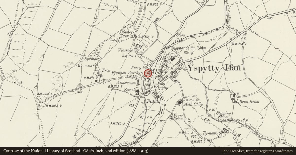 Ordnance Survey six-inch map, 2nd edition (1888–1913) covering the location of Agricultural Range at Pen-y-Bont, Ysbyty Ifan, Conwy, with a pin at the register's coordinates