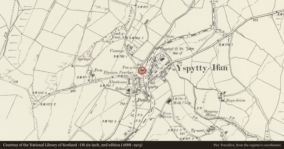Ordnance Survey six-inch map, 2nd edition (1888–1913) covering the location of Cartshed at Pen-y-Bont, Ysbyty Ifan, Conwy, with a pin at the register's coordinates