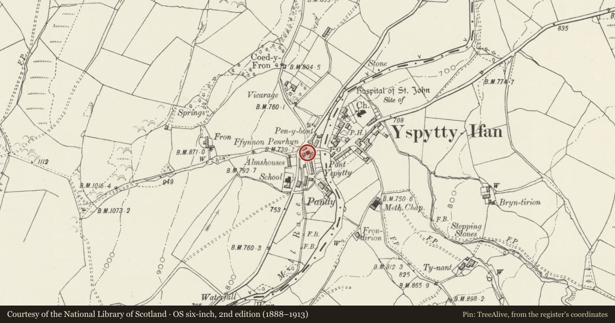 Ordnance Survey six-inch map, 2nd edition (1888–1913) covering the location of Former Corn Mill, Ysbyty Ifan, Conwy, with a pin at the register's coordinates