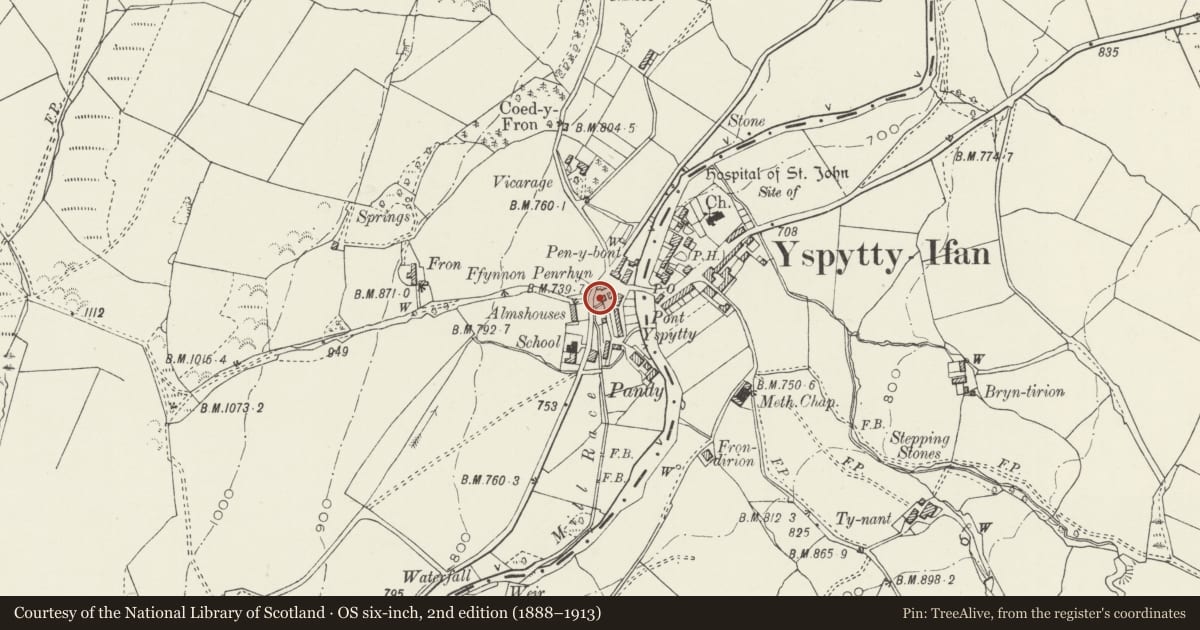 Ordnance Survey six-inch map, 2nd edition (1888–1913) covering the location of Former Wheelwright's Workshop, Ysbyty Ifan, Conwy, with a pin at the register's coordinates