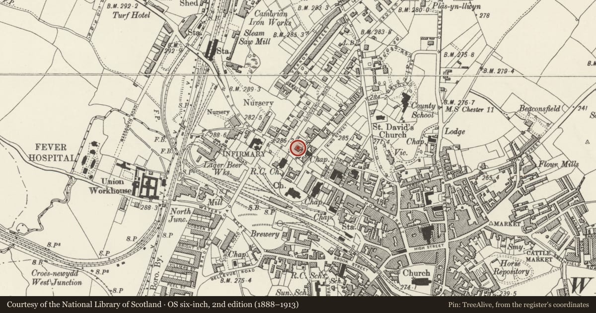 Ordnance Survey six-inch map, 2nd edition (1888–1913) covering the location of 2 Grosvenor Road, Rhosddu, Wrexham, with a pin at the register's coordinates