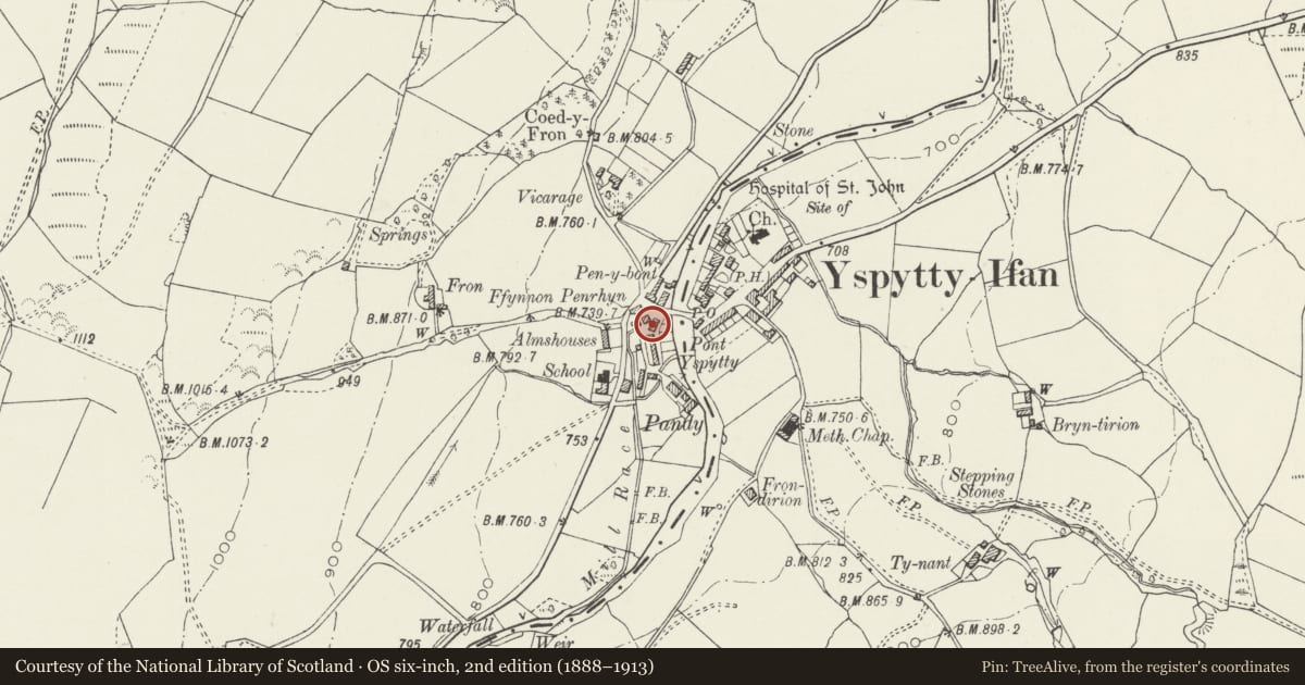 Ordnance Survey six-inch map, 2nd edition (1888–1913) covering the location of 2 Mill Street, Ysbyty Ifan, Conwy, with a pin at the register's coordinates