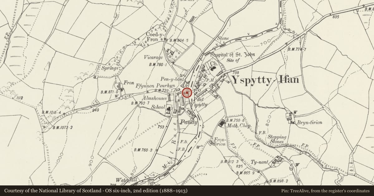 Ordnance Survey six-inch map, 2nd edition (1888–1913) covering the location of Former Privy to Nos 1 and 2 Mill Street, Ysbyty Ifan, Conwy, with a pin at the register's coordinates