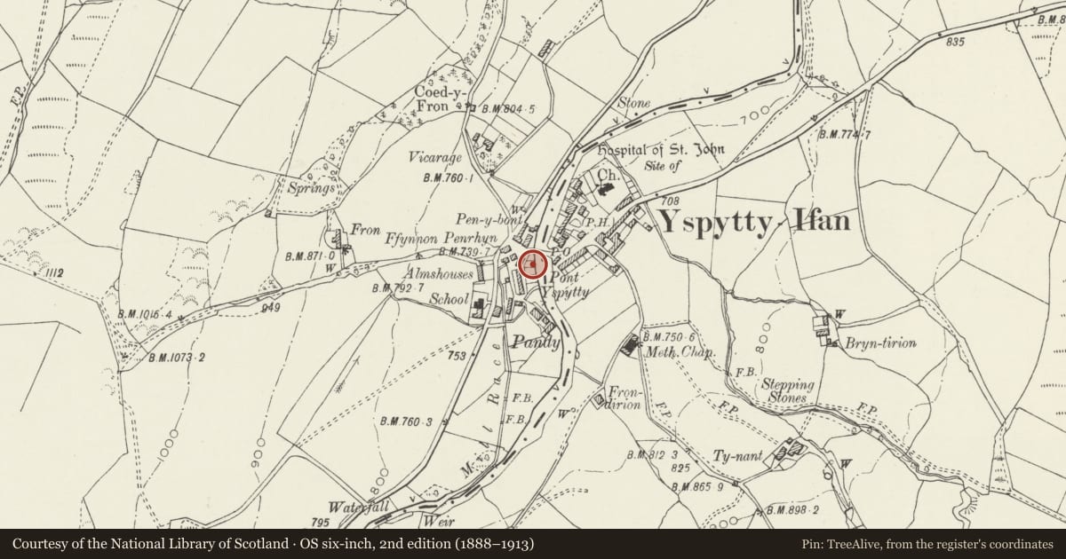 Ordnance Survey six-inch map, 2nd edition (1888–1913) covering the location of Former Privy to Nos 3 and 4 Mill Street, Ysbyty Ifan, Conwy, with a pin at the register's coordinates