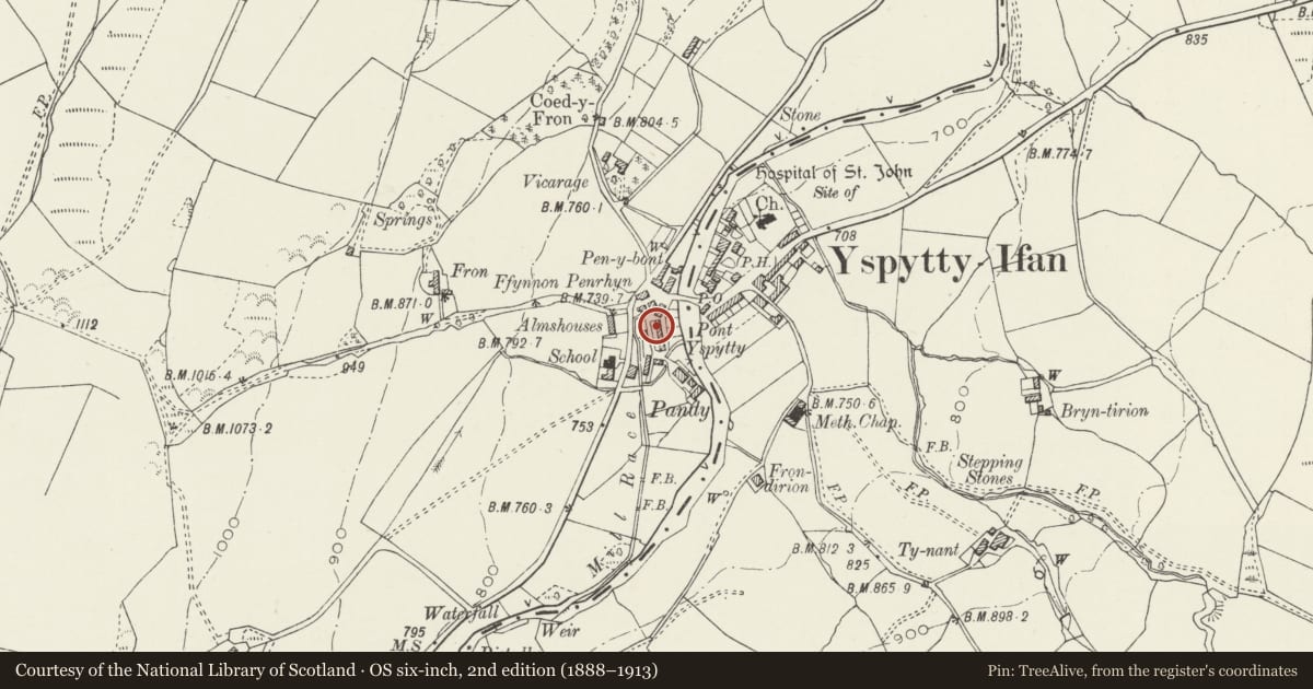 Ordnance Survey six-inch map, 2nd edition (1888–1913) covering the location of 2 Bryn Ffynnon, Ysbyty Ifan, Conwy, with a pin at the register's coordinates