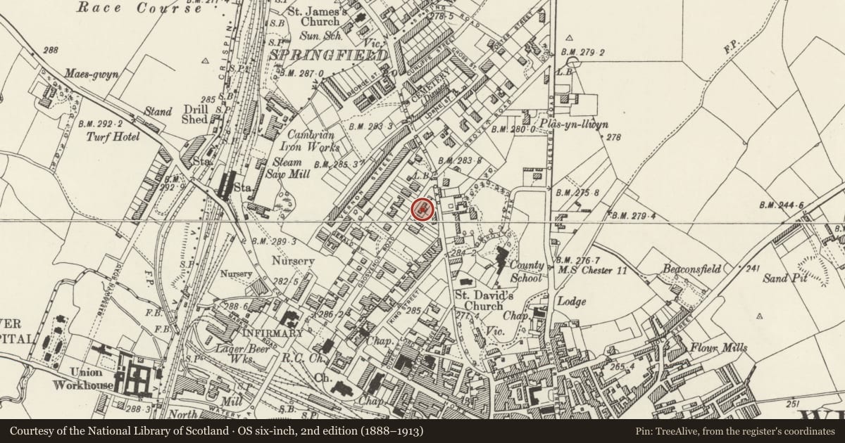 Ordnance Survey six-inch map, 2nd edition (1888–1913) covering the location of 26 Grosvenor Road, Rhosddu, Wrexham, with a pin at the register's coordinates