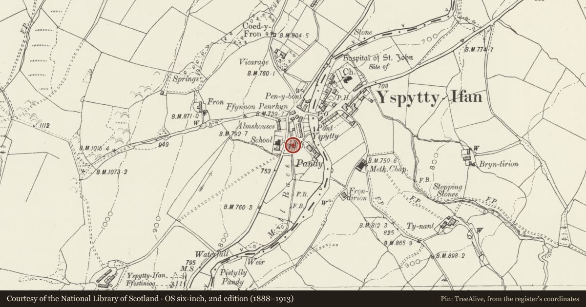 Ordnance Survey six-inch map, 2nd edition (1888–1913) covering the location of Former Drying Houses, Ysbyty Ifan, Conwy, with a pin at the register's coordinates
