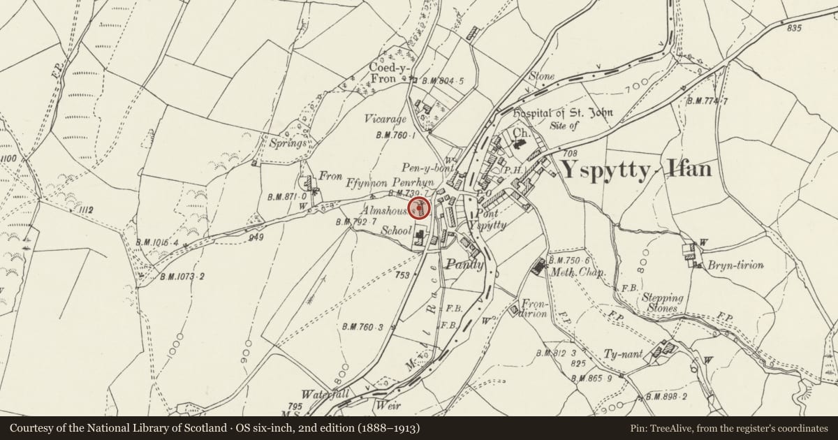 Ordnance Survey six-inch map, 2nd edition (1888–1913) covering the location of Bryn Ysgol, Ysbyty Ifan, Conwy, with a pin at the register's coordinates