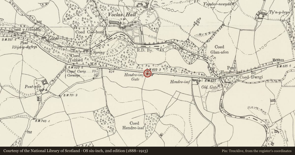 Ordnance Survey six-inch map, 2nd edition (1888–1913) covering the location of Ty'r Peg, Ysbyty Ifan, Conwy, with a pin at the register's coordinates