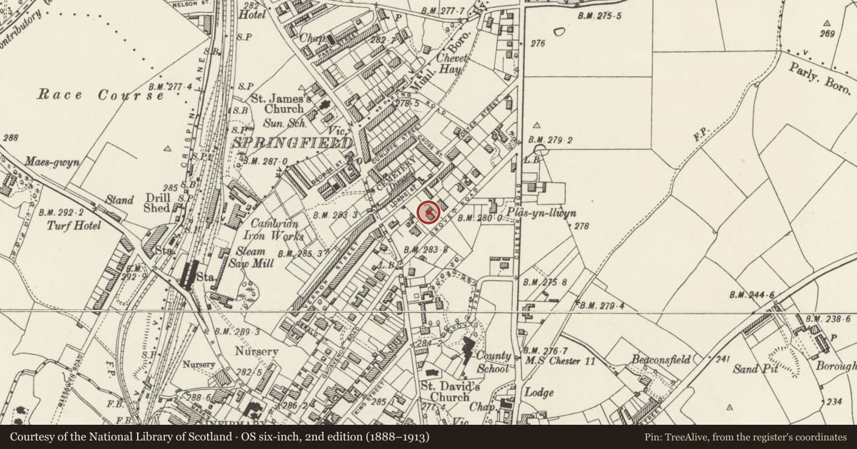 Ordnance Survey six-inch map, 2nd edition (1888–1913) covering the location of Plas Gwilym, Rhosddu, Wrexham, with a pin at the register's coordinates