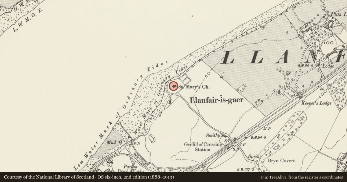 Ordnance Survey six-inch map, 2nd edition (1888–1913) covering the location of Church of Saint Mary, Y Felinheli, Gwynedd, with a pin at the register's coordinates