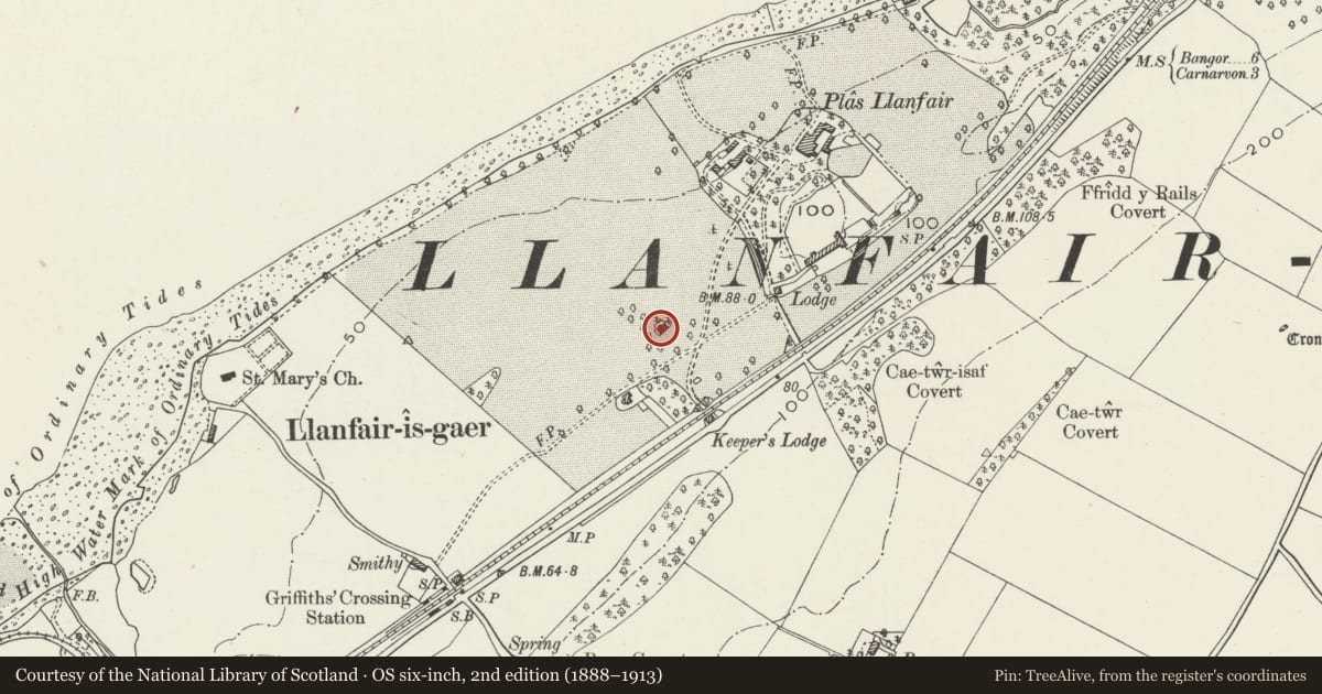 Ordnance Survey six-inch map, 2nd edition (1888–1913) covering the location of Field Barn at Llanfair Farm, Y Felinheli, Gwynedd, with a pin at the register's coordinates