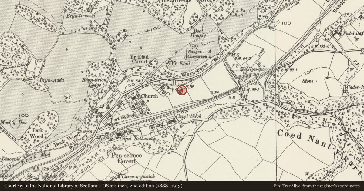 Ordnance Survey six-inch map, 2nd edition (1888–1913) covering the location of Singrig, Y Felinheli, Gwynedd, with a pin at the register's coordinates