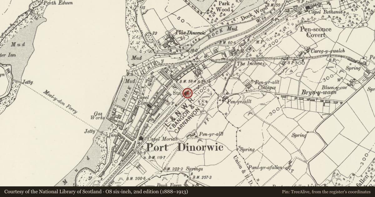 Ordnance Survey six-inch map, 2nd edition (1888–1913) covering the location of Former Railway Station, Y Felinheli, Gwynedd, with a pin at the register's coordinates