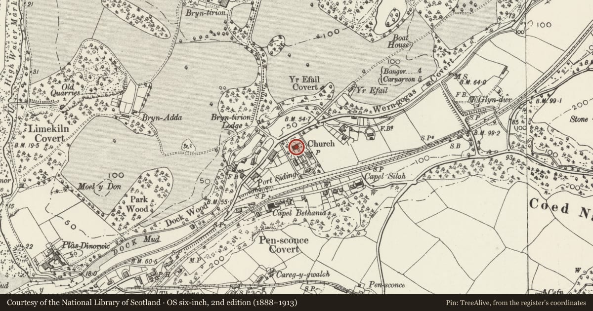 Ordnance Survey six-inch map, 2nd edition (1888–1913) covering the location of Port Church and Port Church House, Y Felinheli, Gwynedd, with a pin at the register's coordinates