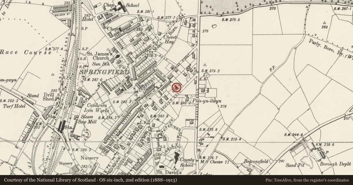 Ordnance Survey six-inch map, 2nd edition (1888–1913) covering the location of Fern Bank and former Coach House, Rhosddu, Wrexham, with a pin at the register's coordinates