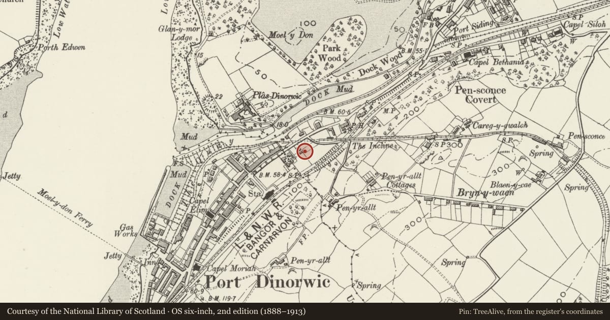 Ordnance Survey six-inch map, 2nd edition (1888–1913) covering the location of No. 2 Bodarborth, Y Felinheli, Gwynedd, with a pin at the register's coordinates