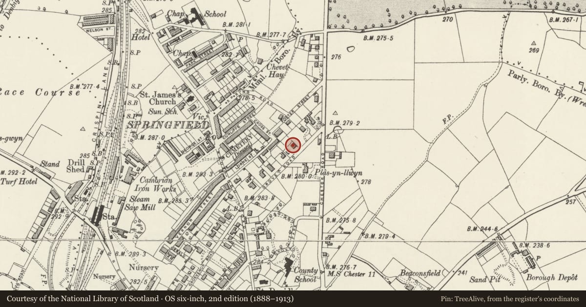 Ordnance Survey six-inch map, 2nd edition (1888–1913) covering the location of Epworth Lodge, Rhosddu, Wrexham, with a pin at the register's coordinates