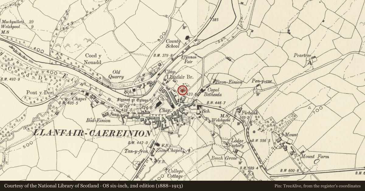 Ordnance Survey six-inch map, 2nd edition (1888–1913) covering the location of The Vicarage, Llanfair Caereinion, Powys, with a pin at the register's coordinates