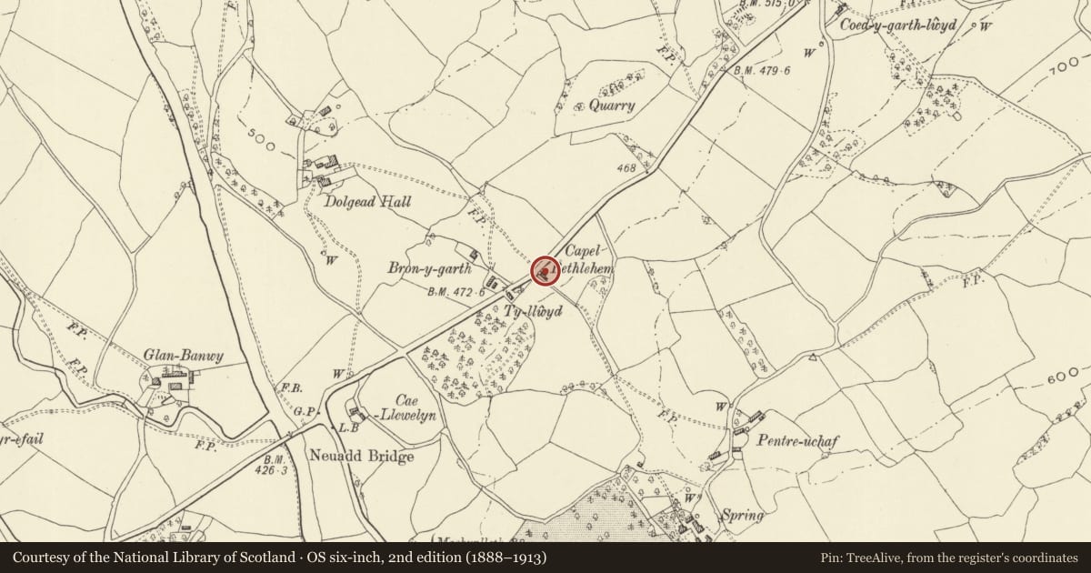 Ordnance Survey six-inch map, 2nd edition (1888–1913) covering the location of House including Wall and Railings to Bethlehem Chapel, Llanfair Caereinion, Powys, with a pin at the register's coordinates